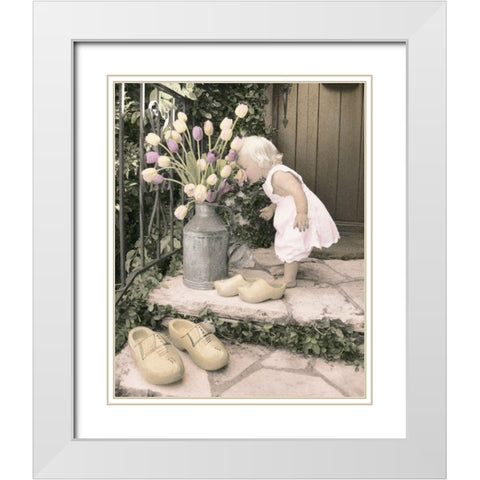 Girl and Tulips White Modern Wood Framed Art Print with Double Matting by Unknown