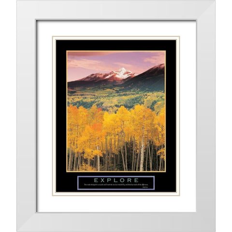 Explore - Mountain and Aspen Trees White Modern Wood Framed Art Print with Double Matting by Unknown