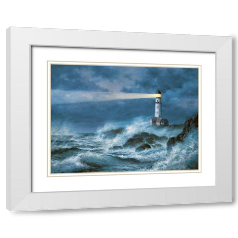 Stormy Lighthouse White Modern Wood Framed Art Print with Double Matting by Unknown