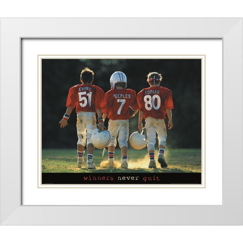 Winners Never Quit - Football White Modern Wood Framed Art Print with Double Matting by Unknown