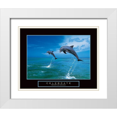 Celebrate - Dolphins White Modern Wood Framed Art Print with Double Matting by Unknown
