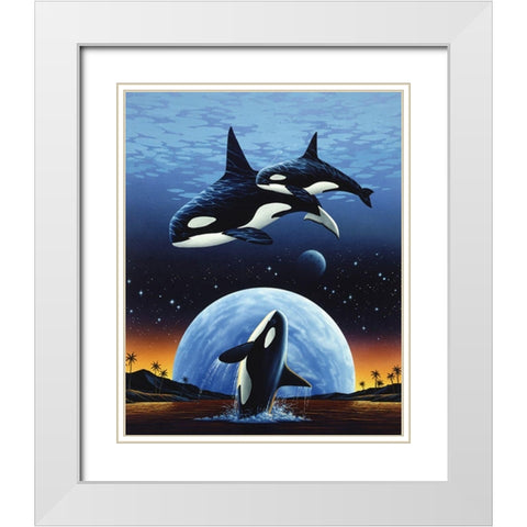 Orcas and Moon White Modern Wood Framed Art Print with Double Matting by Unknown