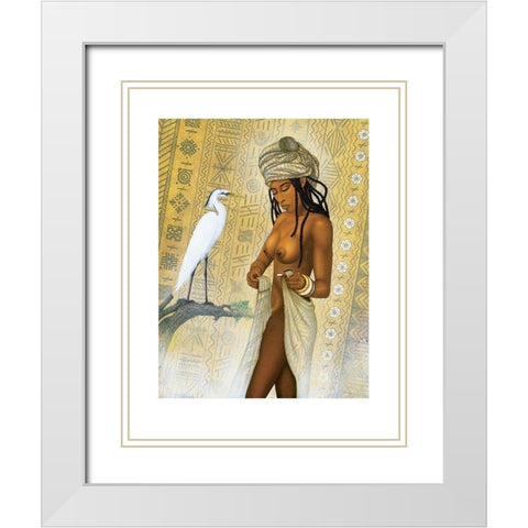 Nubian Princess and Heron White Modern Wood Framed Art Print with Double Matting by Unknown