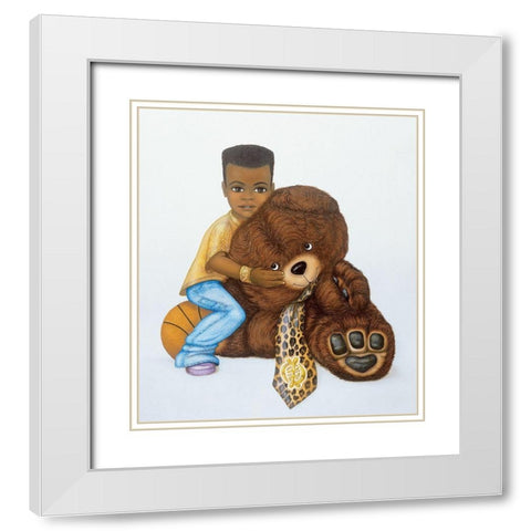 Boy and Teddy Bear White Modern Wood Framed Art Print with Double Matting by Unknown