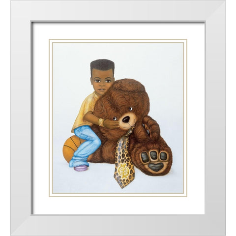 Boy and Teddy Bear White Modern Wood Framed Art Print with Double Matting by Unknown