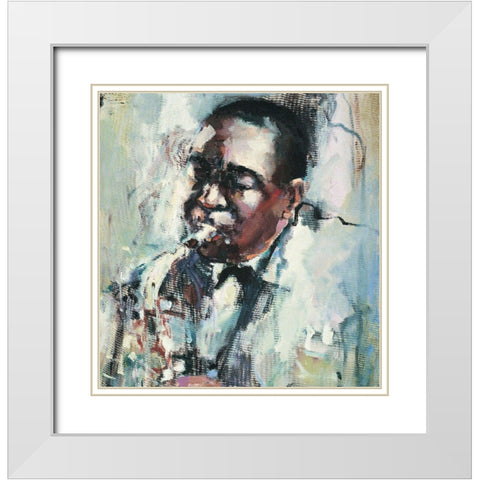 Saxin the Blues White Modern Wood Framed Art Print with Double Matting by Unknown