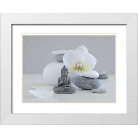Bouddha grey White Modern Wood Framed Art Print with Double Matting by Chatelain, Sonia