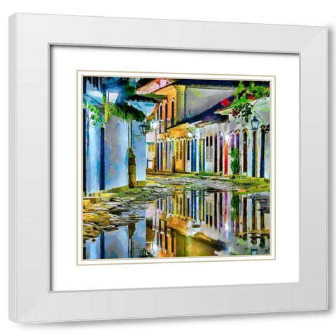 Mirrored Colorful Street White Modern Wood Framed Art Print with Double Matting by Medeiros, Celito