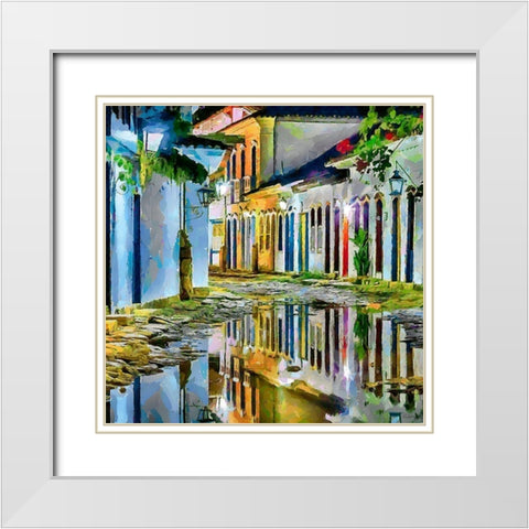 Mirrored Colorful Street White Modern Wood Framed Art Print with Double Matting by Medeiros, Celito