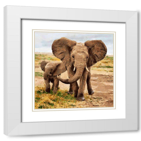 Two Elephants White Modern Wood Framed Art Print with Double Matting by Medeiros, Celito