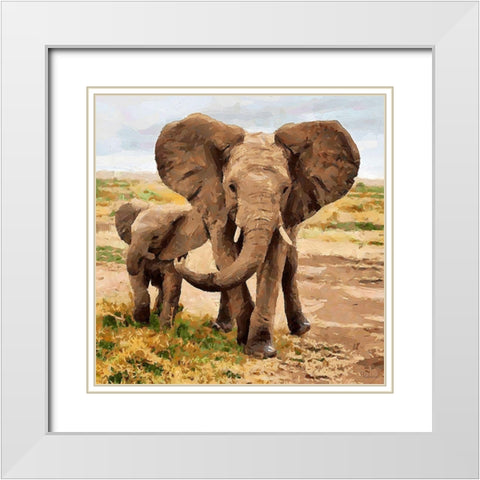 Two Elephants White Modern Wood Framed Art Print with Double Matting by Medeiros, Celito