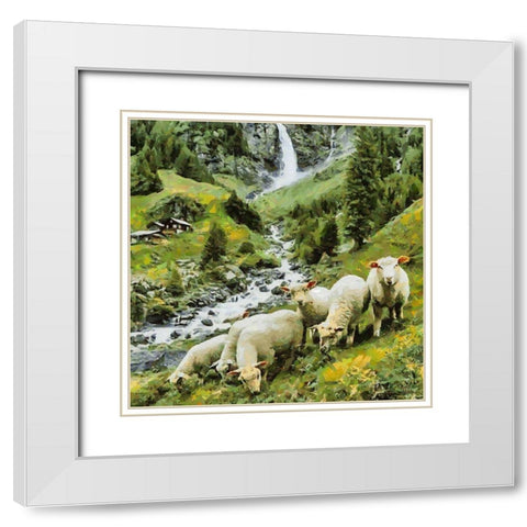 Sheeps in Alps White Modern Wood Framed Art Print with Double Matting by Medeiros, Celito
