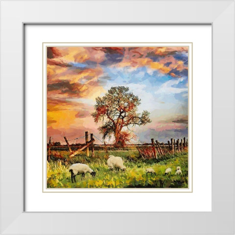 Sheeps by a Tree White Modern Wood Framed Art Print with Double Matting by Medeiros, Celito