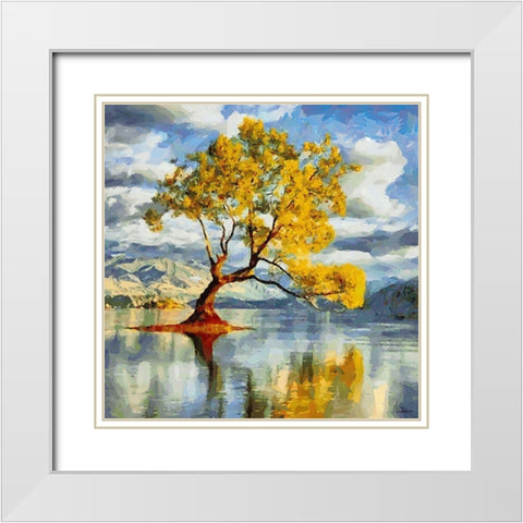 Tree in the Lake White Modern Wood Framed Art Print with Double Matting by Medeiros, Celito
