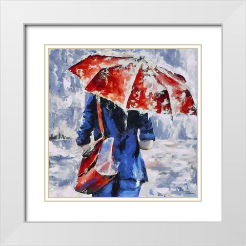 Blue Dress, Red Umbrella White Modern Wood Framed Art Print with Double Matting by Medeiros, Celito