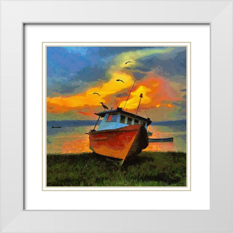 Boath with Birds White Modern Wood Framed Art Print with Double Matting by Medeiros, Celito