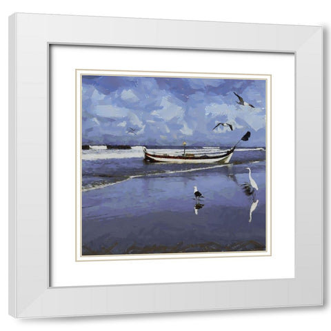 Seagulls with a  Boat White Modern Wood Framed Art Print with Double Matting by Medeiros, Celito