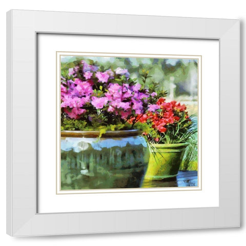 Pink and Red flowers in the Pot White Modern Wood Framed Art Print with Double Matting by Medeiros, Celito