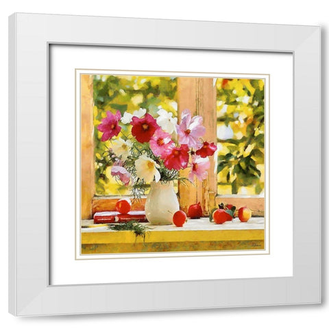 Pink Flowers by the Window White Modern Wood Framed Art Print with Double Matting by Medeiros, Celito