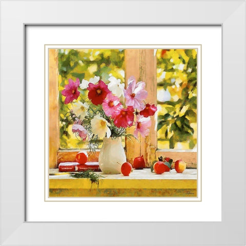 Pink Flowers by the Window White Modern Wood Framed Art Print with Double Matting by Medeiros, Celito