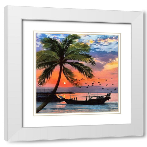 Sunset under Palm Tree White Modern Wood Framed Art Print with Double Matting by Medeiros, Celito