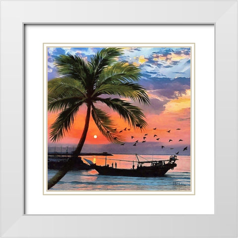 Sunset under Palm Tree White Modern Wood Framed Art Print with Double Matting by Medeiros, Celito