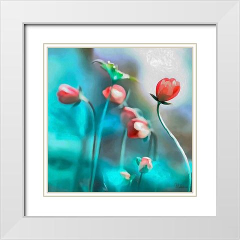 Flowers on Turquiese Background I White Modern Wood Framed Art Print with Double Matting by Medeiros, Celito