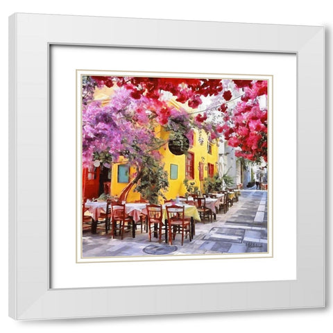 Street Cafe with Pink Tree White Modern Wood Framed Art Print with Double Matting by Medeiros, Celito