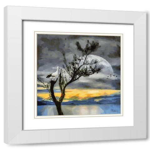 Stork on the Tree White Modern Wood Framed Art Print with Double Matting by Medeiros, Celito