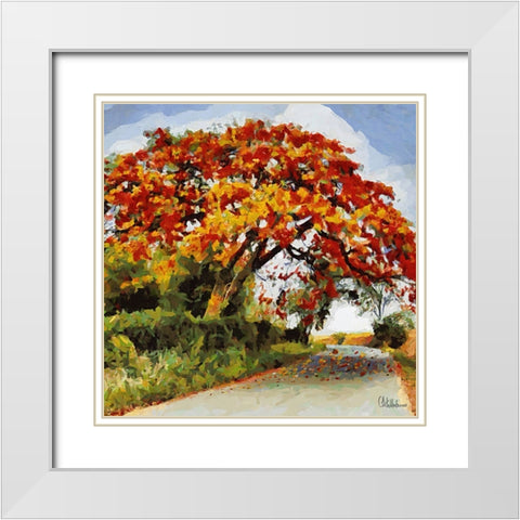 Big red Flowering Tree White Modern Wood Framed Art Print with Double Matting by Medeiros, Celito