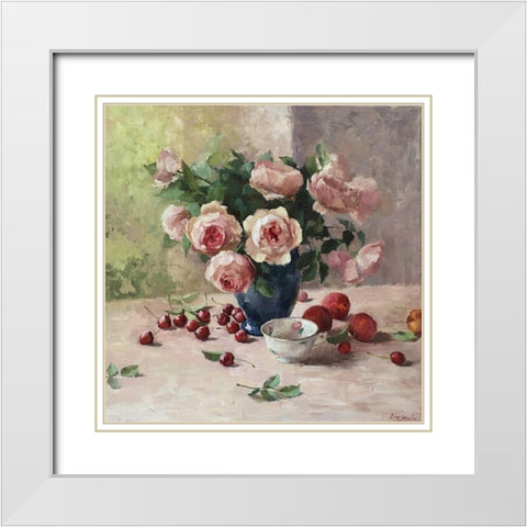 Austin Roses with Still Life II White Modern Wood Framed Art Print with Double Matting by Strube, Ling