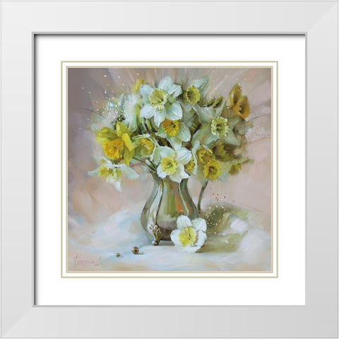 Daffodils White Modern Wood Framed Art Print with Double Matting by Rogozina, Svetlana