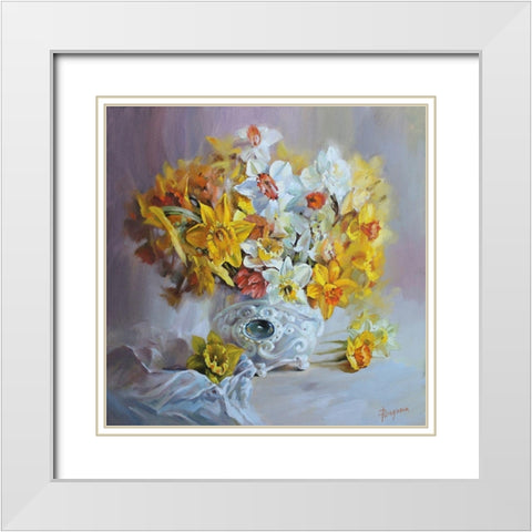 Daffodils in White Vase White Modern Wood Framed Art Print with Double Matting by Rogozina, Svetlana