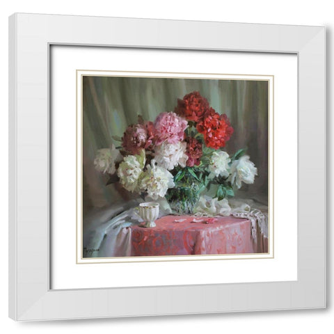 Still Life with Peonies White Modern Wood Framed Art Print with Double Matting by Rogozina, Svetlana
