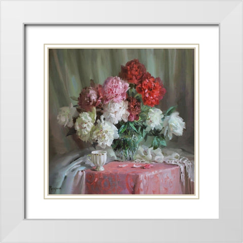 Still Life with Peonies White Modern Wood Framed Art Print with Double Matting by Rogozina, Svetlana
