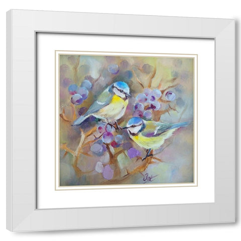 Blue Bird on a vine White Modern Wood Framed Art Print with Double Matting by Zareckaye, Tatiana