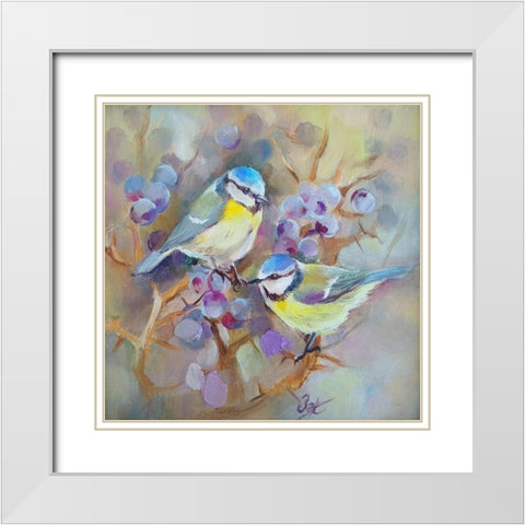 Blue Bird on a vine White Modern Wood Framed Art Print with Double Matting by Zareckaye, Tatiana