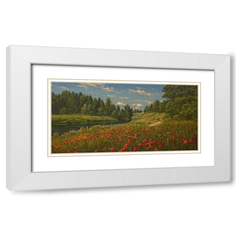 Poppies by the River White Modern Wood Framed Art Print with Double Matting by Adamov, Alexey