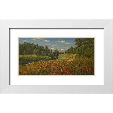 Poppies by the River White Modern Wood Framed Art Print with Double Matting by Adamov, Alexey