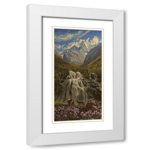 Capricorn by Waterfall in the Mountains White Modern Wood Framed Art Print with Double Matting by Adamov, Alexey