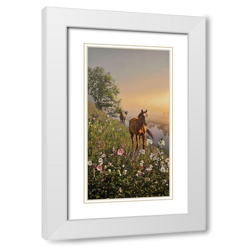 Horses by River Don White Modern Wood Framed Art Print with Double Matting by Adamov, Alexey