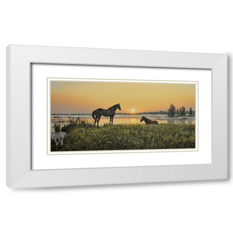 Horses by Sunrise White Modern Wood Framed Art Print with Double Matting by Adamov, Alexey