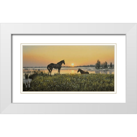 Horses by Sunrise White Modern Wood Framed Art Print with Double Matting by Adamov, Alexey