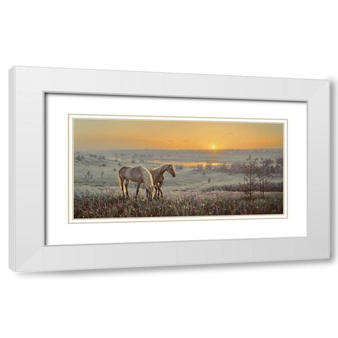 Horses by Sunrise  White Modern Wood Framed Art Print with Double Matting by Adamov, Alexey