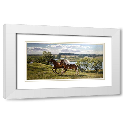 Horses by River Volga White Modern Wood Framed Art Print with Double Matting by Adamov, Alexey