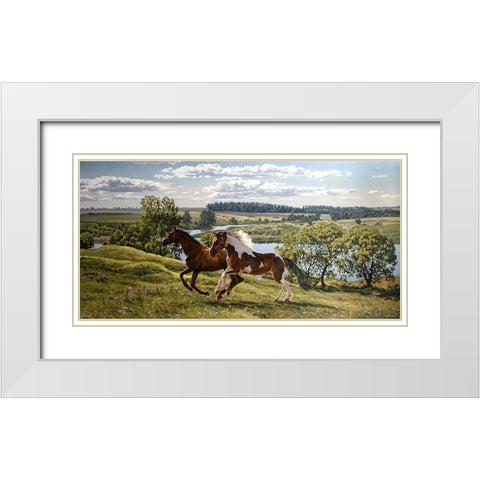 Horses by River Volga White Modern Wood Framed Art Print with Double Matting by Adamov, Alexey