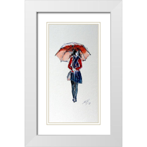 Walking Girl with Umbrella White Modern Wood Framed Art Print with Double Matting by Kovacs, Anna Brigite