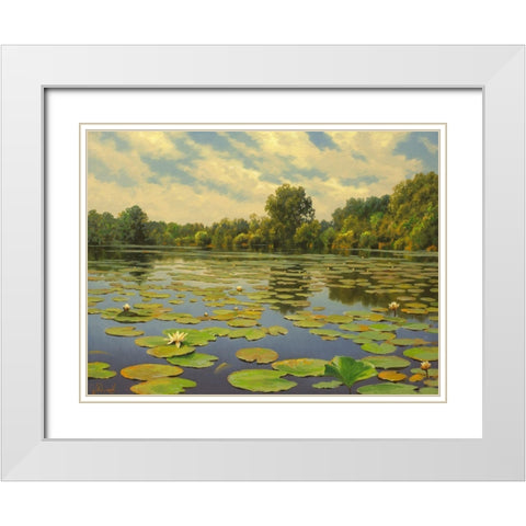 Water Lilies on the River IV White Modern Wood Framed Art Print with Double Matting by Adamov, Alexey