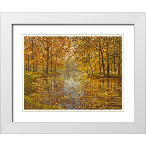 River in Golden Autumn White Modern Wood Framed Art Print with Double Matting by Adamov, Alexey