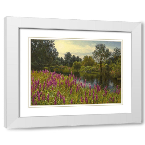 Lupins by the River White Modern Wood Framed Art Print with Double Matting by Adamov, Alexey